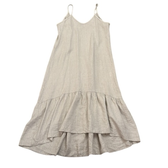 Natural Linen Strappy V-Neck Maxi Dress Ruffle Hem Italy Terzo Millennio Large - Picture 1 of 12